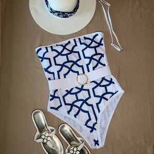 White and Blue Geometric one piece Swimsuit